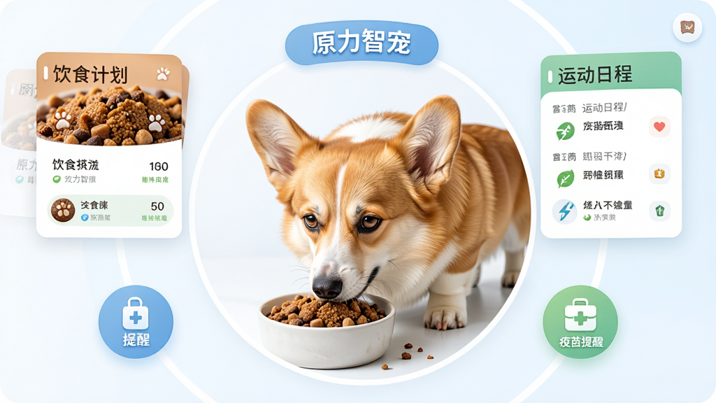 原力智宠个性化养护方案界面,画面中心为一只正在进食的柯基犬,周围环绕着饮食计划卡片、运动日程表和疫苗提醒图标,布局采用圆形环绕式构图,风格清新明亮,细节包括食物颗粒的质感、卡片上的文字清晰可读,画质高清,干净无多余元素,画面中文字标注“原力智宠”