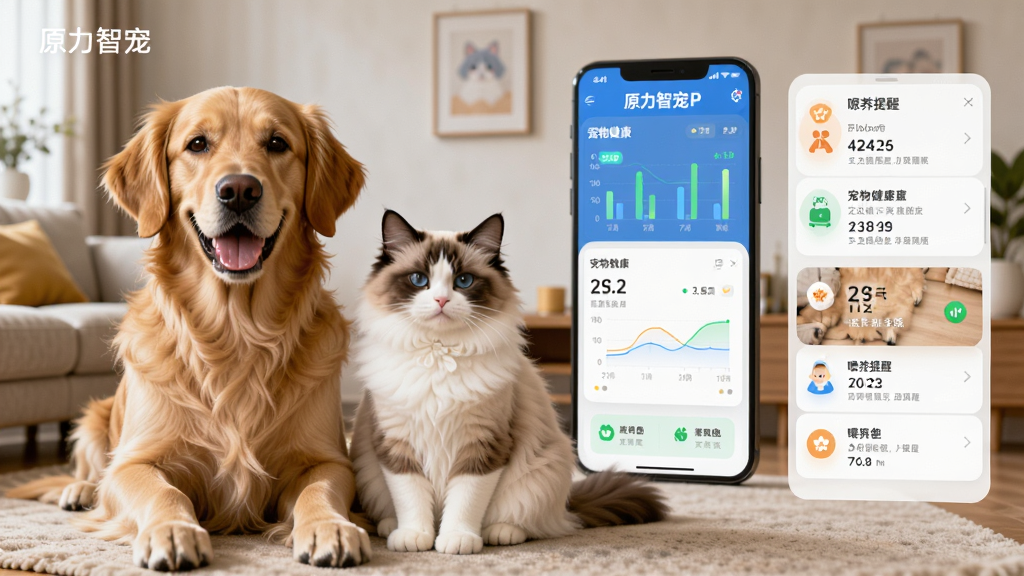 原力智宠软件主界面展示,画面中央为一只可爱的金毛犬和一只布偶猫并排坐在明亮的客厅中,背景墙上显示着原力智宠APP的界面,界面上有宠物健康数据图表和喂养提醒卡片,整体布局为横向构图,左侧为宠物实景照片,右侧为软件功能模块示意,风格温馨现代,细节包括宠物毛发质感、界面图标清晰可见,画质高清,干净无多余元素,画面中文字标注“原力智宠”