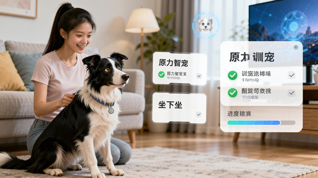 原力智宠行为训练功能展示,画面为一位年轻女性在客厅中训练一只边牧犬做“坐下”动作,旁边悬浮着训练步骤提示卡片和进度条,布局为人与宠物在左、提示卡片在右,风格生活化且充满活力,细节包括宠物专注的眼神、卡片上的勾选标记,画质高清,干净无多余元素,画面中文字标注“原力智宠”