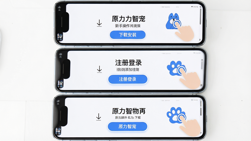 原力智宠新手操作流程图,画面为一部手机屏幕显示从下载安装到注册登录再到添加宠物的三步操作指引,每一步配有手指点击图标和文字说明,布局为纵向三格分镜,风格简洁扁平化,细节包括手机边框、按钮高亮效果,画质高清,干净无多余元素,画面中文字标注“原力智宠”