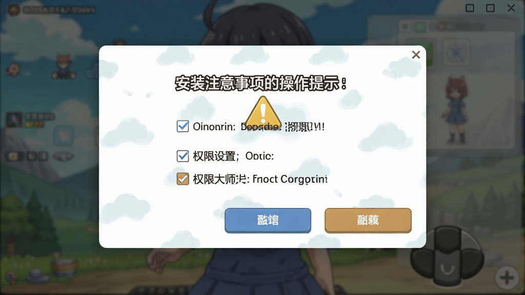一张展示动漫大师新手操作提示界面的图片,画面中是一个软件弹窗,显示安装注意事项和权限设置选项,布局为居中弹窗排版,风格为友好提示风格,细节包括勾选框、按钮、警告图标,画质高清,干净,无多余元素