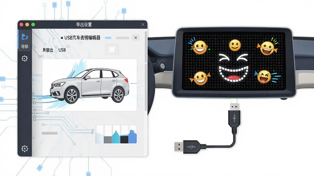 一张展示USB汽车表情编辑器导出与USB同步功能的图片,主体为软件导出界面与USB连接汽车屏幕的示意图,布局为左侧导出设置面板、右侧汽车LED屏幕显示表情效果,排版清晰,风格为科技感扁平插画,细节包括USB线缆、汽车轮廓、动态表情图案,画质高清,干净,无多余元素