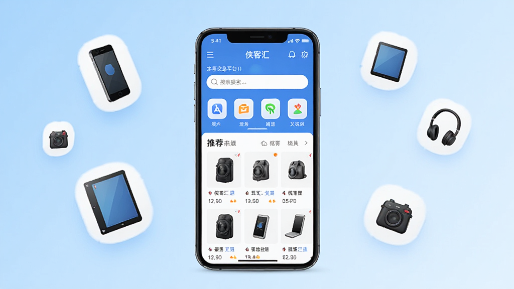 侠客汇二手交易平台主界面展示图,画面中央放置一部智能手机,屏幕显示侠客汇APP首页,包含手机分类图标、搜索栏和推荐商品列表,背景为简洁的浅蓝色渐变,周围漂浮着手机、平板、耳机等数码产品小图标,风格清新商务,细节清晰,画质干净,无多余元素