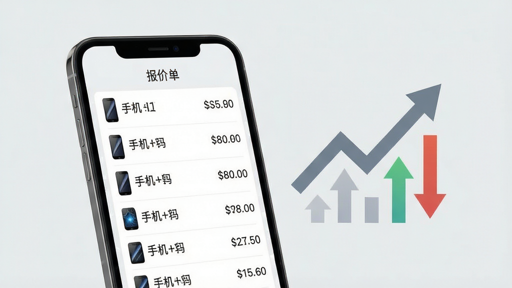 侠客汇实时报价查询功能展示图,画面中手机屏幕显示报价单列表,包含多款手机型号和对应价格,旁边有上升下降的箭头图表,背景为淡灰色,风格简约商务,画质清晰,干净无多余元素