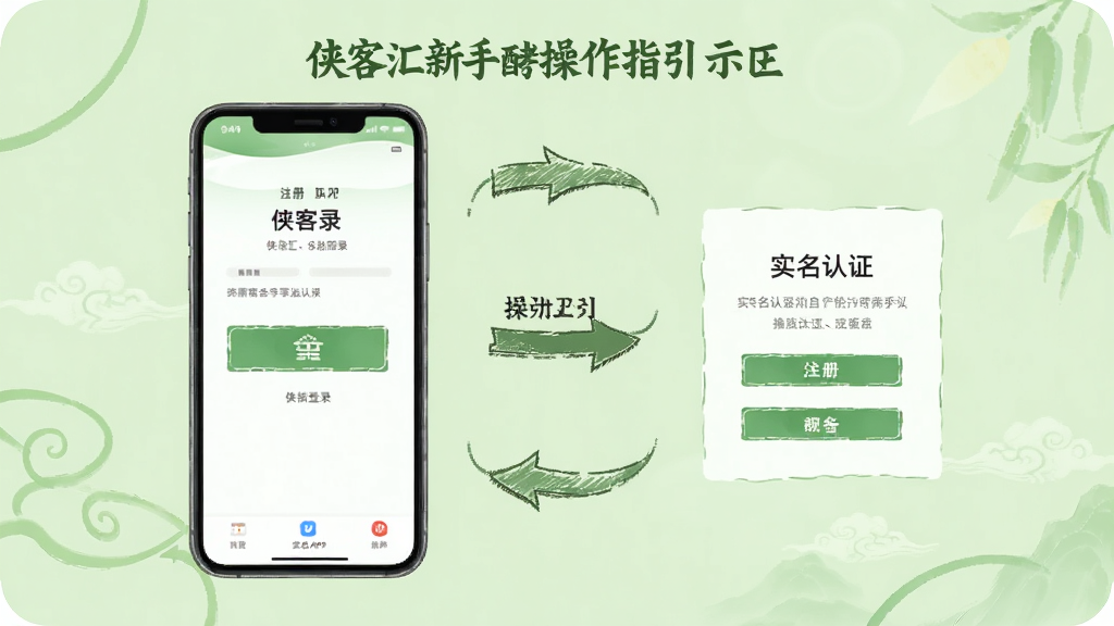 侠客汇新手操作指引示意图,画面中一部手机展示侠客汇APP的注册登录页面和实名认证入口,旁边有箭头标注操作步骤,背景为浅绿色清新风格,画质清晰,干净无多余元素