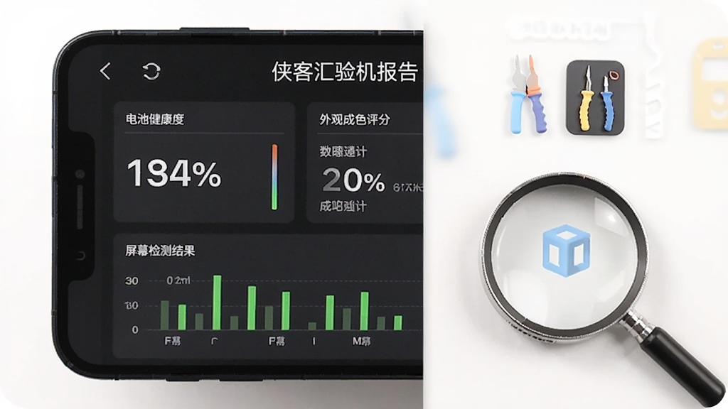 侠客汇验机报告界面展示图,画面中一部手机屏幕显示详细的验机报告页面,包含电池健康度百分比、屏幕检测结果、外观成色评分等数据图表,旁边放置放大镜和检测工具图标,背景为白色简洁风格,画质清晰,干净无多余元素
