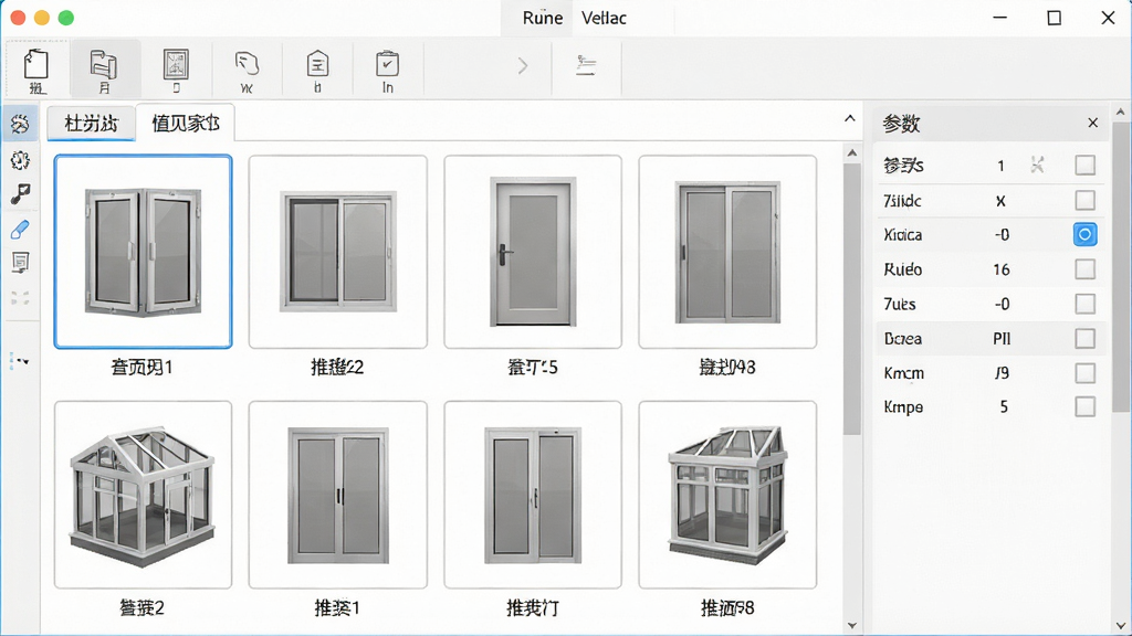 一张展示杜特预见家门窗设计软件模型库界面的图片,画面主体是软件窗口中的门窗模型选择面板,面板内排列平开窗、推拉窗、平开门、推拉门、阳光房等多种门窗缩略图,每个缩略图下方标注型号名称,右侧为选中模型的参数预览区,界面风格为清爽浅色系软件界面,布局整齐,细节包括分类标签、滚动条与选中高亮边框,画质清晰,画面干净,无多余元素