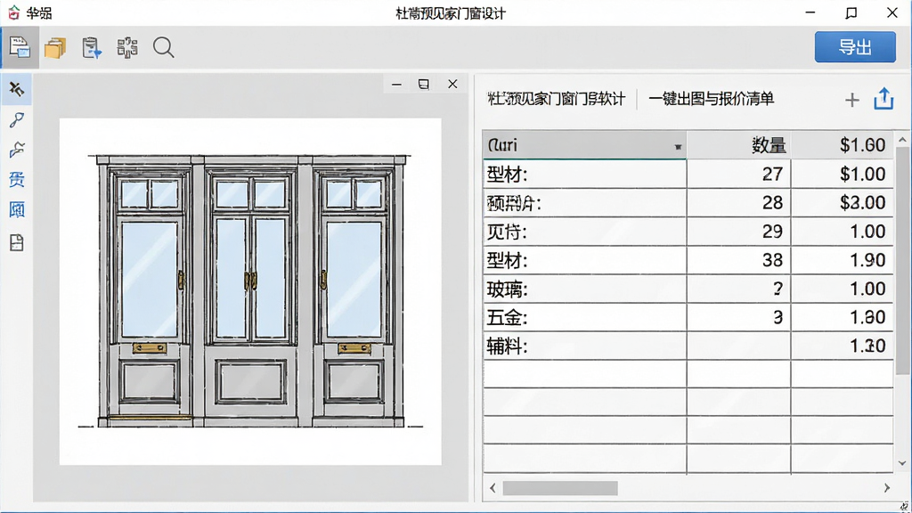 一张展示杜特预见家门窗设计软件一键出图与报价清单功能的图片,画面中软件界面同时显示门窗立面图预览窗口与报价清单表格,表格内分行列出型材、玻璃、五金、辅料等条目及对应数量与价格,界面顶部有导出按钮,风格为商务办公软件界面,布局为上下分栏,细节包括表格线框、数字对齐与导出图标,画质清晰,画面干净,无多余元素