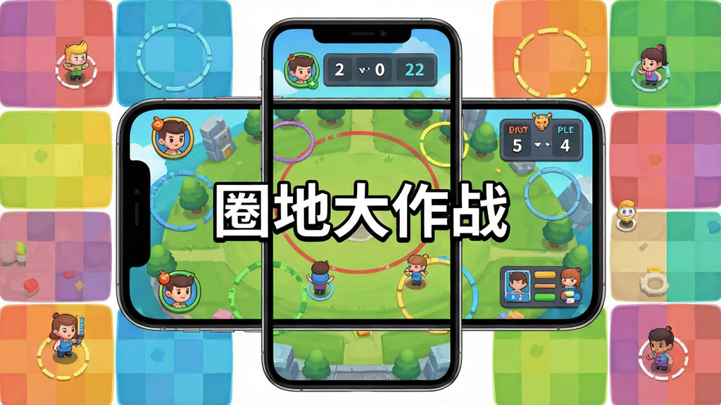 主体为手机屏幕展示圈地大作战游戏界面,布局为居中放置手机,周围环绕彩色领地色块与小人角色,排版简洁清晰,风格为明亮卡通休闲风,细节包括游戏中的圈地轨迹、角色头像、比分面板,画质高清干净无多余元素,图片中央显示文字“圈地大作战”