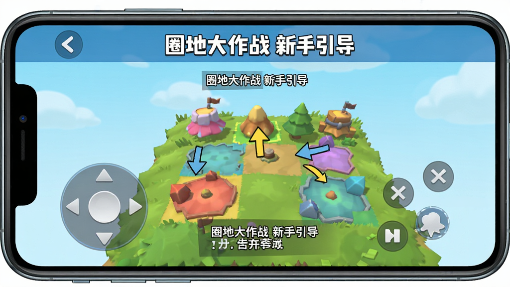 主体为手机屏幕显示圈地大作战新手教程界面,布局为手机竖屏展示,排版简洁,风格为清新游戏引导风,细节包括虚拟摇杆、彩色领地、教学箭头、文字提示,画质高清干净无多余元素,界面中显示“圈地大作战 新手引导”