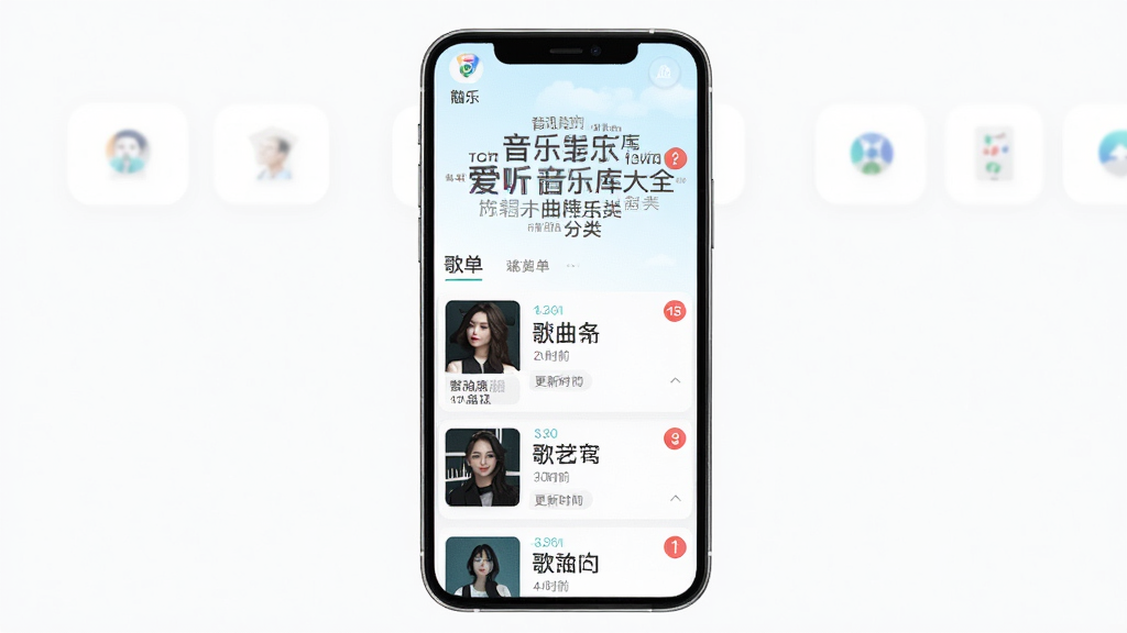 爱听音乐库大全曲库分类页面,主体为手机屏幕显示音乐分类标签云与歌单列表,布局为上下结构,上方横排分类按钮,下方纵向歌单卡片,排版整齐有序,风格清新明快,细节包括各分类图标、歌曲数量角标、更新时间标签,画质高清,干净,无多余元素