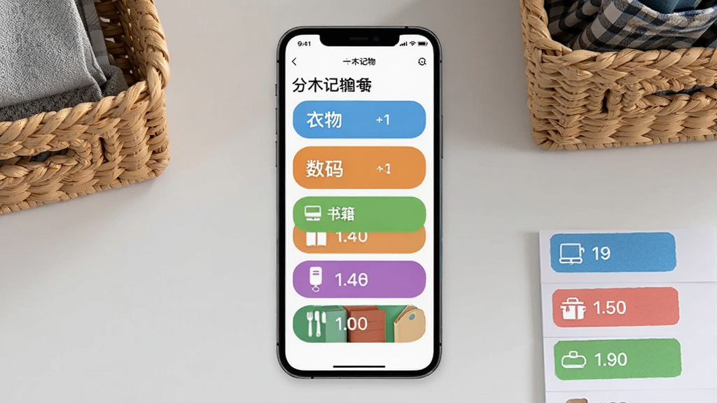 一木记物物品分类管理界面图,画面展示手机屏幕上一木记物应用的分类管理页面,屏幕中显示多个彩色分类标签,包括衣物、数码、书籍、厨具等,每个分类旁边有对应的图标和物品数量,背景为浅灰色桌面,桌面放置几个收纳篮和标签纸,布局整齐,风格简约现代,细节清晰可见,画质干净,无多余元素