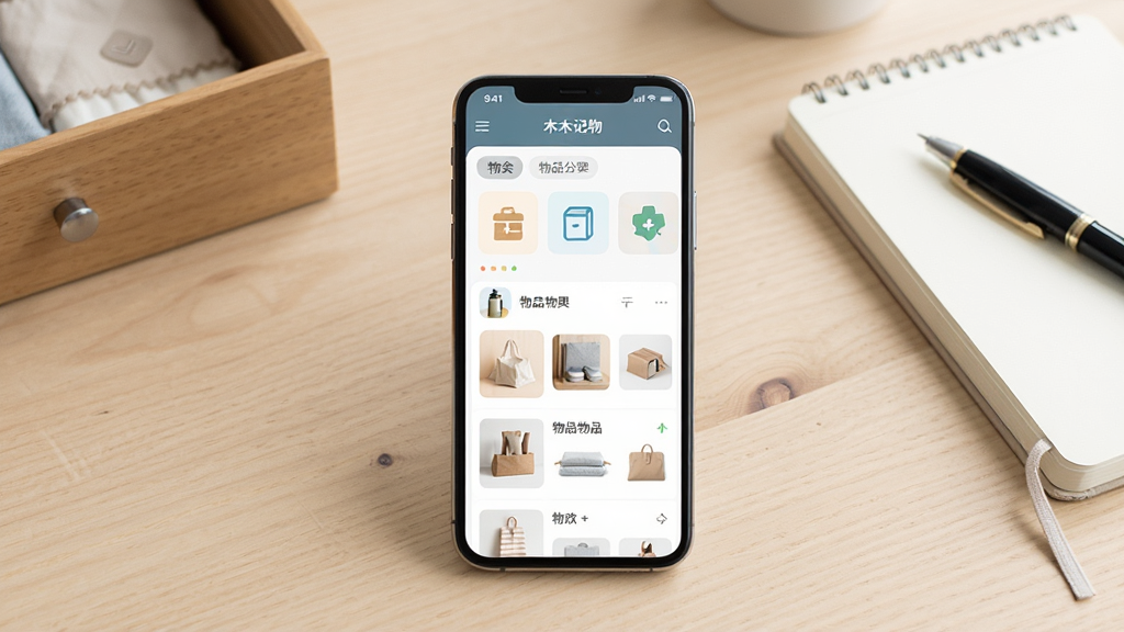 一木记物软件主界面展示图,画面中央放置一部智能手机,手机屏幕显示一木记物应用首页,页面上有物品分类图标和物品列表卡片,背景为浅色木质桌面,桌面上摆放着收纳盒、笔记本和一支笔,整体布局简洁有序,风格清新自然,细节包括手机屏幕上的分类标签和物品缩略图,画质清晰,干净明亮,无多余元素