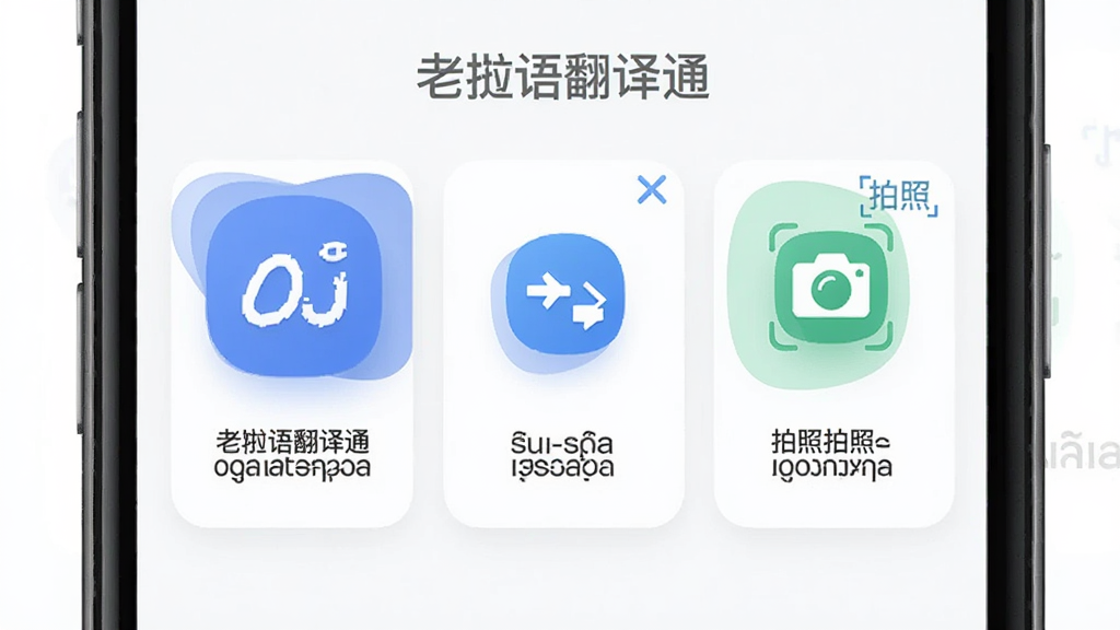手机应用界面展示老挝语翻译通三种翻译模式图标,主体为手机屏幕特写,布局为三栏并排展示文本翻译、语音翻译、拍照翻译功能入口,排版采用卡片式设计,风格为清新简约的扁平化UI,细节包括各功能图标和