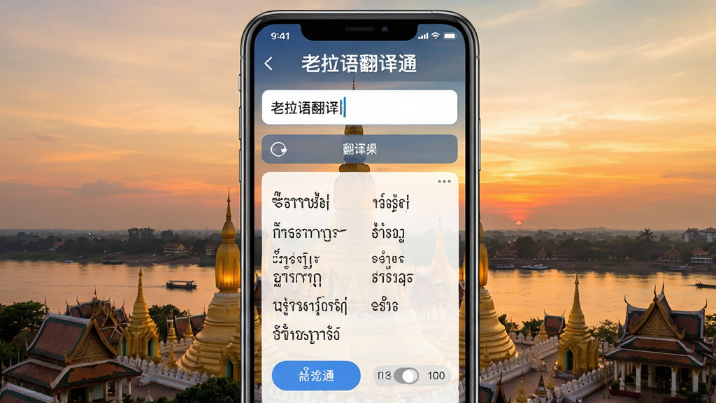 手机屏幕中央显示老挝语翻译通软件界面,界面中包含中文和老挝语双语对照的翻译结果,背景为万象塔銮金色佛塔与湄公河日落,布局为手机正面居中展示,排版清晰展示翻译输入框与结果区域,风格为现代科技感与东南亚风情结合,细节包括软件名称