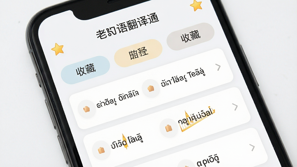 手机屏幕展示老挝语翻译通常用语收藏界面,主体为手机应用页面,布局为分类标签与短语列表上下排列,排版整齐清晰,风格为柔和浅色系卡片设计,细节包括