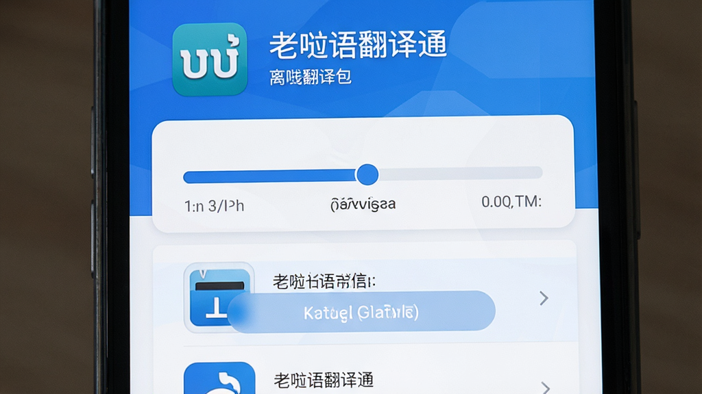手机屏幕显示老挝语翻译通离线翻译包下载页面,主体为手机界面特写,布局为居中展示下载进度条和语言包列表,排版简洁明了,风格为科技蓝调扁平设计,细节包括