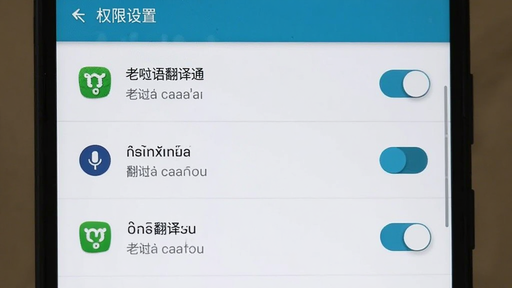 手机屏幕显示老挝语翻译通权限设置引导页面,主体为手机界面,布局为权限列表与开关按钮上下排列,排版清晰直观,风格为安卓原生设置风格,细节包括麦克风、相机、存储权限图标和