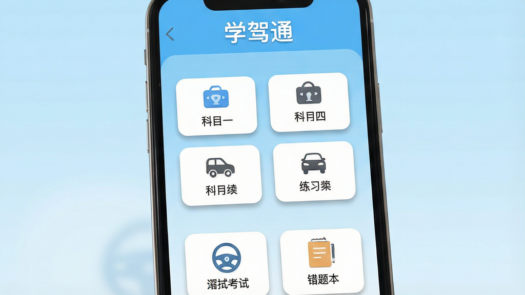 一张手机屏幕展示学驾通APP主界面,顶部显示“学驾通”文字标识,界面中央排列科目一、科目四等练习入口按钮,背景为浅蓝色渐变,底部有模拟考试与错题本图标;整体布局简洁清晰,风格为扁平化移动应用UI设计,细节包含图标阴影与圆角卡片,画质高清,干净,无多余元素