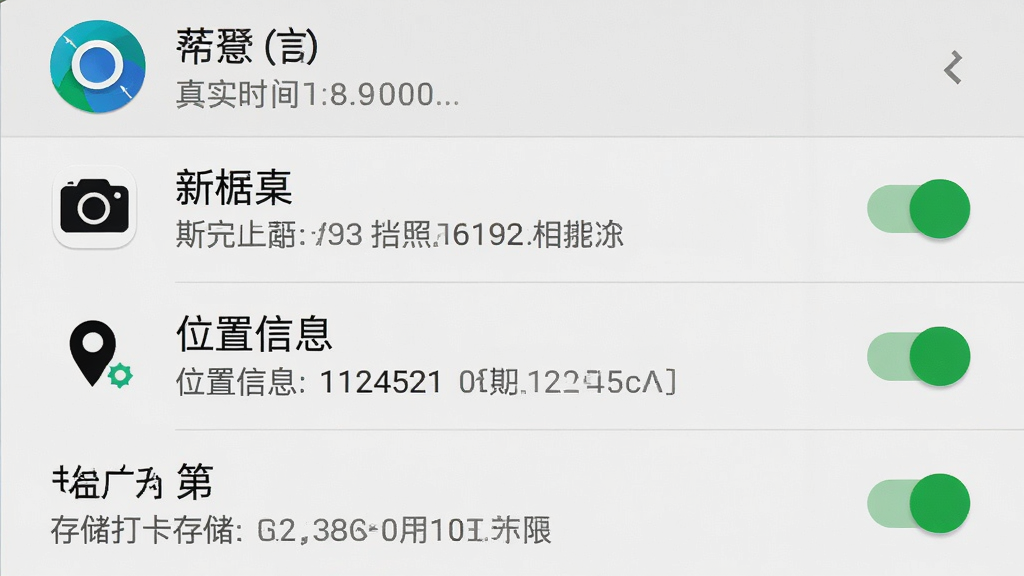 真实时间水印拍照打卡相机在手机上的权限设置界面截图,画面显示应用权限列表,包括相机、位置信息、存储三项权限均处于开启状态,每项权限右侧有绿色开关按钮,顶部显示应用名称和图标,布局为纵向列表,风格为安卓原生设置界面,细节包括权限说明文字和开关高亮状态,画质高清,干净,无多余元素