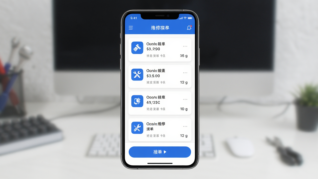 手机应用界面展示图,主体为一款维修接单软件的主页,布局居中展示订单列表和接单按钮,排版清晰,风格现代简洁,细节包括蓝色主题色图标和卡片式订单信息,画质高清,干净,无多余元素