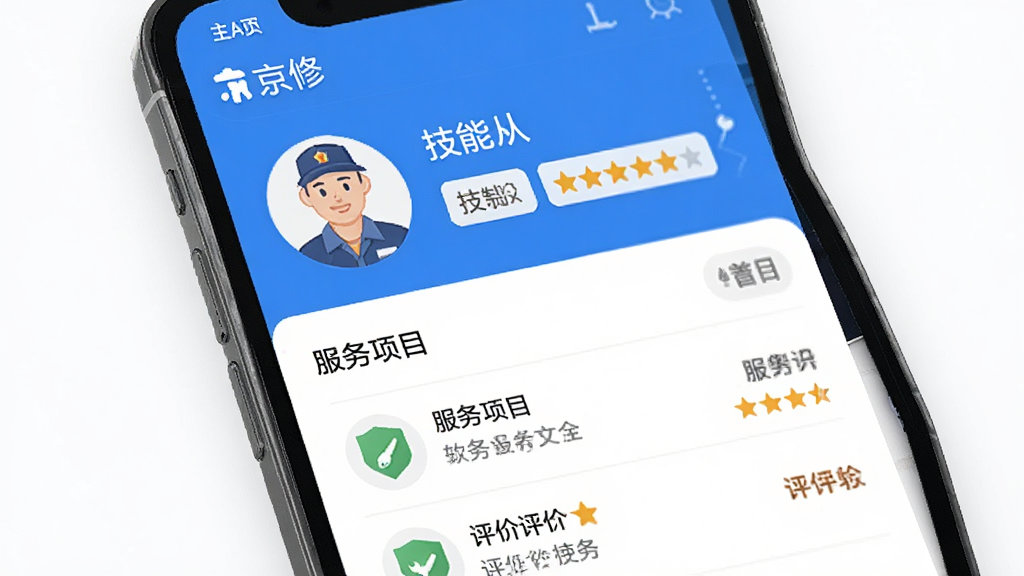 维修服务个人主页界面,主体为手机屏幕展示师傅资料页,布局为头像与技能标签在上方、服务项目和评价列表在下方,风格扁平化UI设计,细节包括
