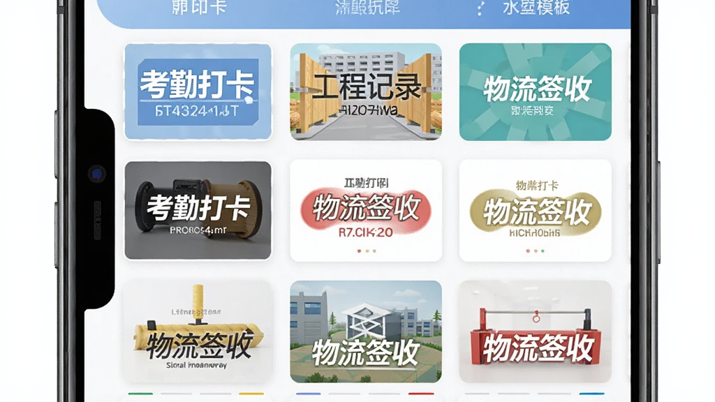 ���ڴ�ˮӡ��������ˮӡģ��ѡ����棬����չʾ���ˮӡģ������ͼ�������ֻ���Ļ�ϣ��������ڴ򿨡����̼�¼������ǩ�յ���ʽ��ÿ��ģ�嶼�в�ͬ���Ű�����ɫ�����Ϊ��ƽ��UI��ƣ��������룬ϸ�����������ʸɾ����޶���Ԫ��