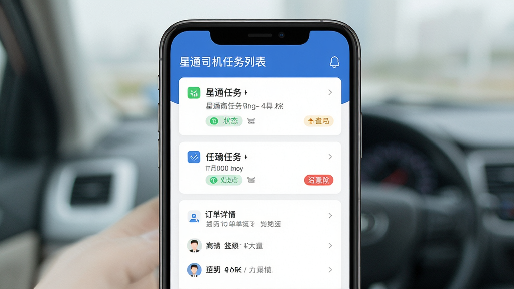 主体为手机屏幕展示星通司机任务列表与订单详情,布局为手机正面特写,排版居中,风格为清爽商务风,细节包括任务卡片与状态标签,画质清晰干净无多余元素