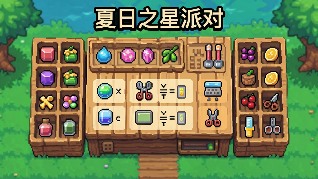 主体为夏日之星派对创意工坊界面,布局为合成台居中、材料槽环绕,排版采用工作台风格,风格为像素艺术,细节包括各种材料和合成公式图标,画质高清,干净,无多余元素,画面中带有文字“夏日之星派对”