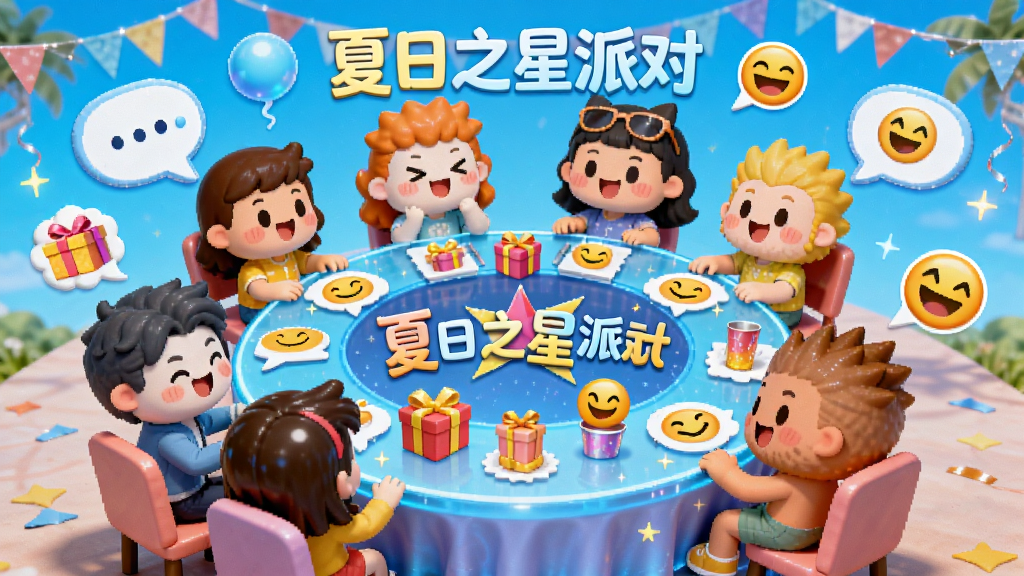 主体为夏日之星派对多人互动场景,布局为多个卡通角色围坐在虚拟派对桌旁,排版采用环形构图,风格为欢乐活泼,细节包括聊天气泡、礼物图标和笑脸表情,画质高清,干净,无多余元素,画面中带有文字“夏日之星派对”
