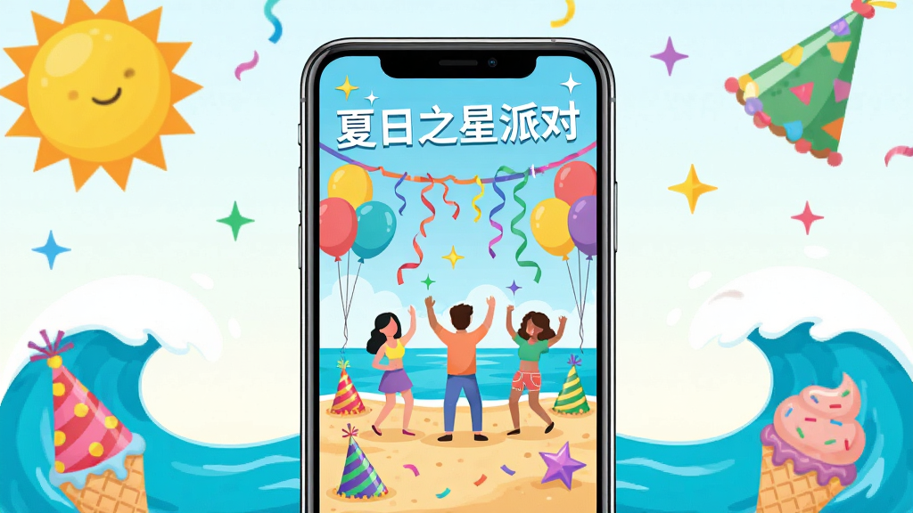 主体为一部智能手机屏幕,屏幕中显示夏日之星派对的欢乐派对场景,有沙滩、气球、彩带和跳舞的小人,布局为手机居中放置,周围环绕夏日元素如太阳、海浪、冰淇淋,排版采用活泼明快的风格,细节包括彩色的派对帽和闪烁的星星,画质高清,干净,无多余元素,画面中带有文字“夏日之星派对”