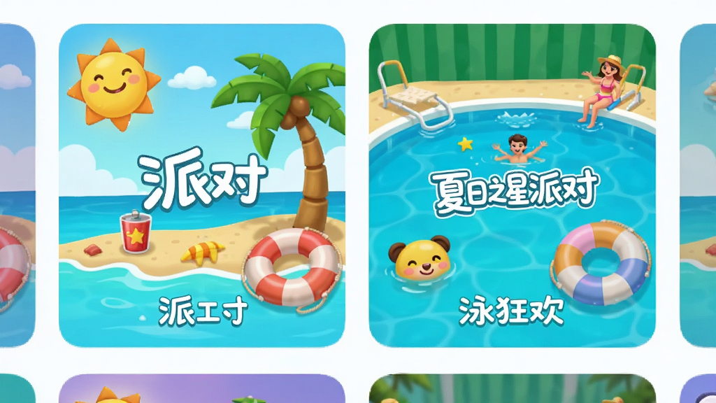 主体为夏日之星派对应用界面截图,布局为多个主题派对卡片横向排列,排版清晰展示沙滩派对和泳池狂欢的图标,风格为卡通休闲,细节包括太阳、椰树、泳圈等元素,画质高清,干净,无多余元素,画面中带有文字“夏日之星派对”