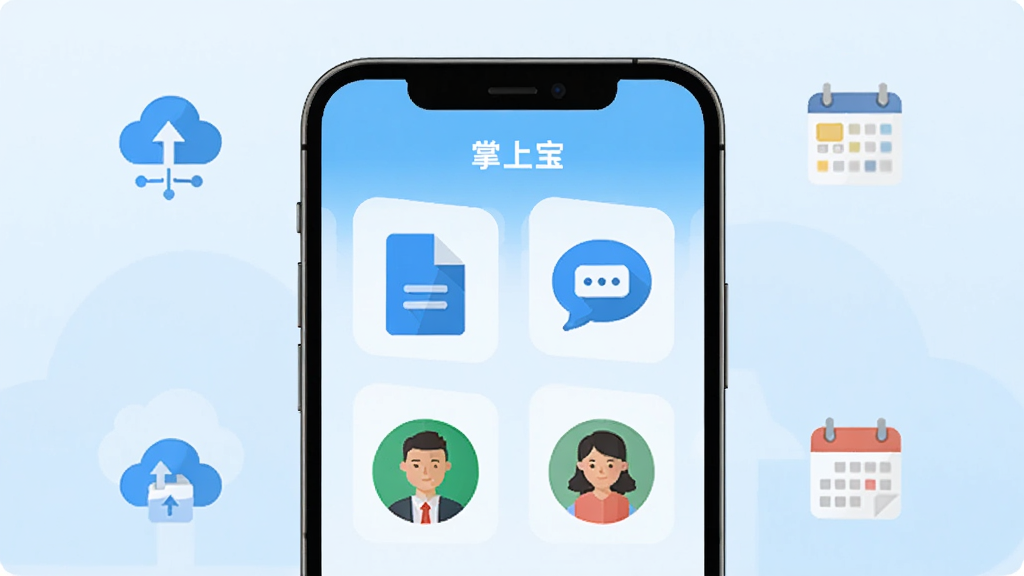 画面中央展示一部智能手机,手机屏幕显示掌上宝应用主界面,界面中包含文档图标、消息气泡和通讯录头像等元素,背景为简洁的浅蓝色渐变,四周环绕着云存储、文件传输和日程提醒的小图标,整体风格清爽现代,扁平化设计,画质清晰,干净整洁,无多余元素