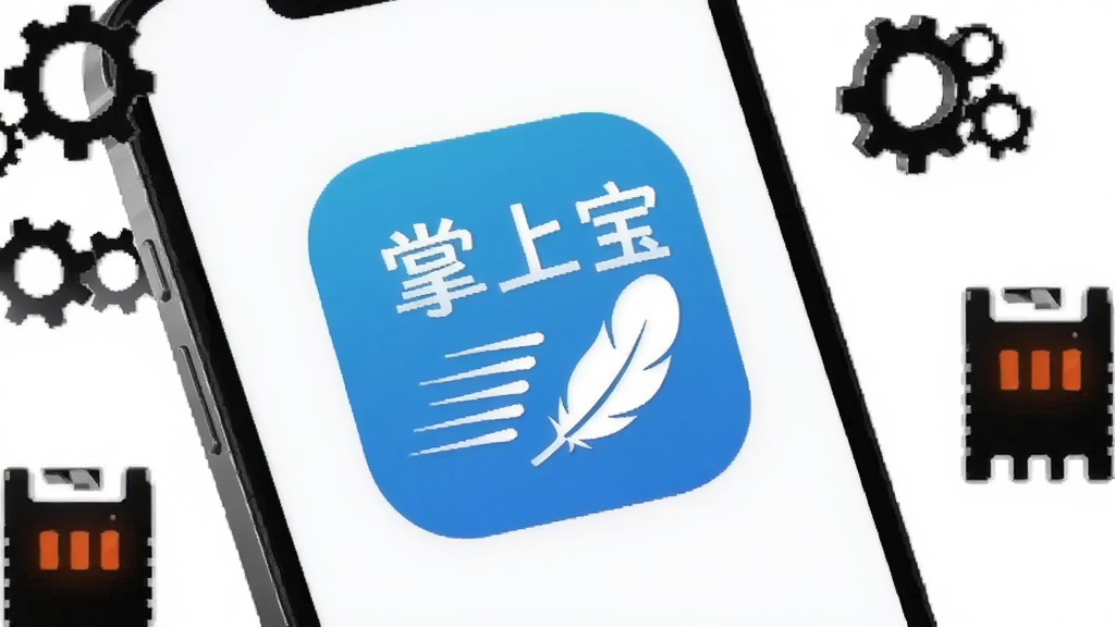 一部手机屏幕显示掌上宝应用图标,图标下方有速度线条和羽毛图案,象征轻量快速,手机周围环绕着齿轮和内存条的小图标,背景为纯白色,风格简约,画质清晰,干净整洁,无多余元素