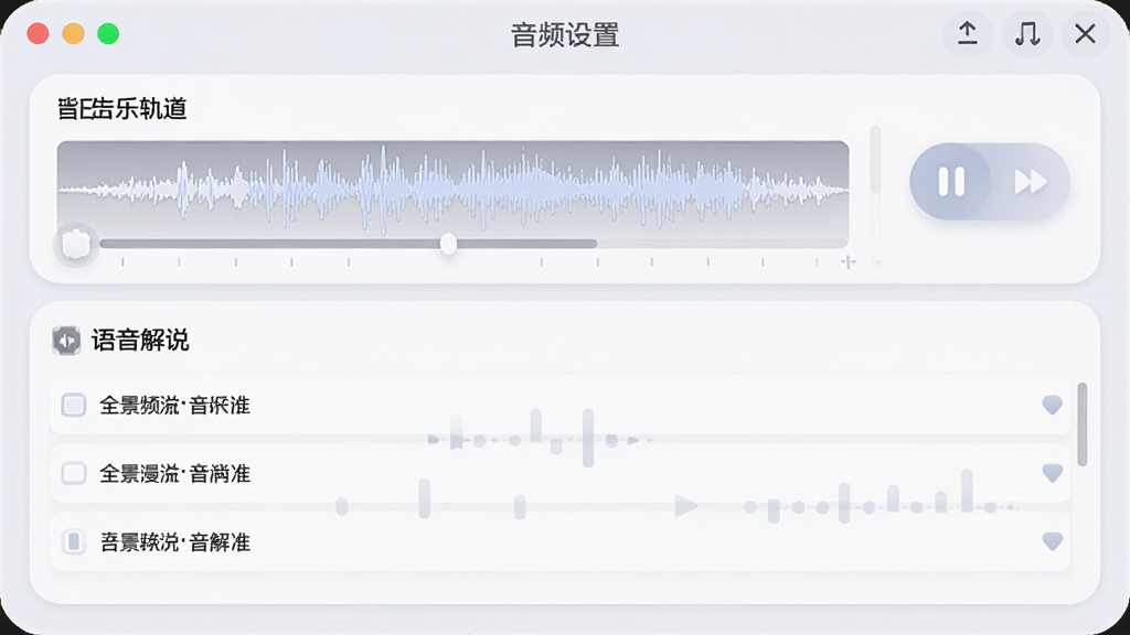 全景漫游者音频配置界面展示,主体为软件音频设置面板,包含背景音乐轨道与语音解说列表,布局为上下结构,排版规整,风格为柔和圆角设计,细节上体现波形图与播放控制按钮,画质高清,画面干净,无多余元素