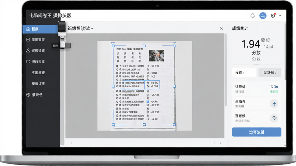 电脑阅卷王 摄像头版软件主界面,主体为一台笔记本电脑连接摄像头正在识别答题卡,布局为左侧功能菜单、中间答题卡预览区、右侧成绩统计面板,排版简洁清晰,风格为现代办公软件UI风格,细节包含答题卡图像、识别框线、分数数字与设置按钮,画质高清,干净,无多余元素