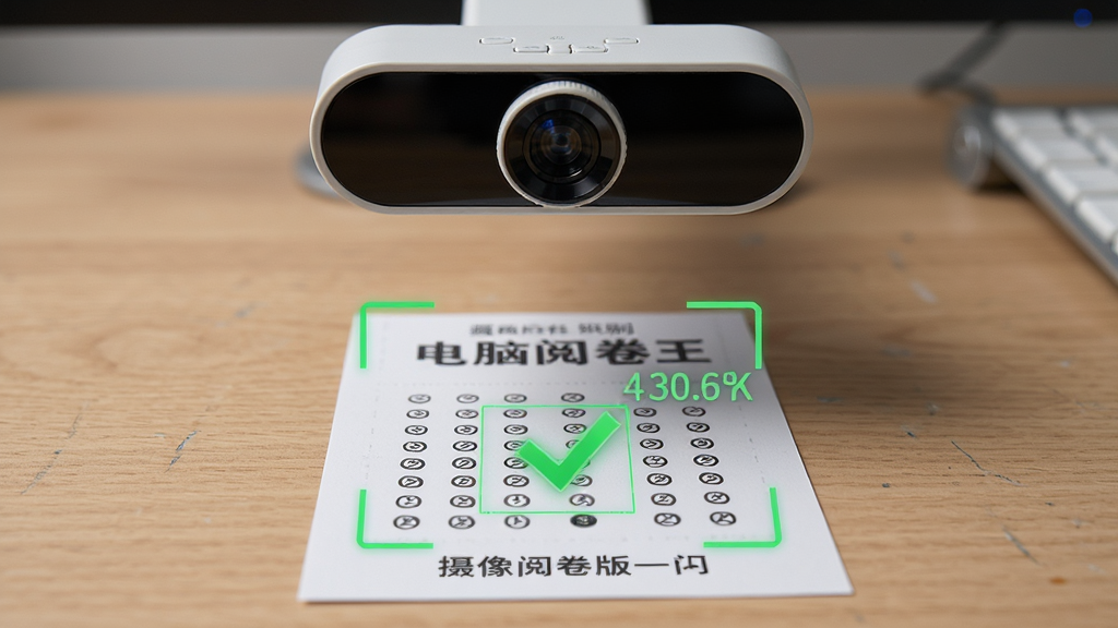 电脑阅卷王 摄像头版摄像头识别答题卡场景,主体为摄像头对准桌面上的答题卡,布局为上方摄像头、下方答题卡,排版居中,风格为写实科技感,细节包含识别框、绿色对勾、分数浮现,画质高清,干净,无多余元素