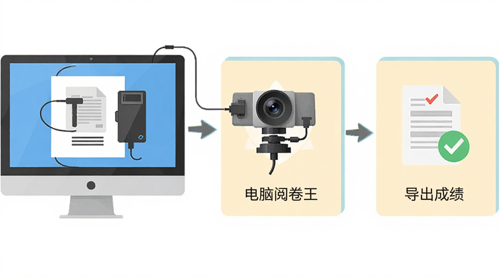 电脑阅卷王 摄像头版操作步骤示意图,主体为电脑屏幕与摄像头连接示意,布局为从左到右三个步骤框,排版横向流程,风格为扁平化教程风格,细节包含连接设备、设置模板、导出成绩三个图标与文字,画质高清,干净,无多余元素