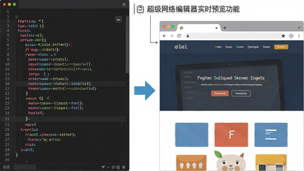 超级网络编辑器实时预览功能示意图,画面分为左右两部分,左侧为代码编辑区显示彩色高亮代码,右侧为浏览器预览窗口展示渲染后的网页页面,中间有箭头表示同步关系,整体风格为扁平化科技风格,布局清晰,画质干净,无多余元素