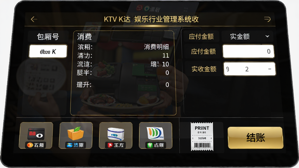 ���KTV������ҵ����ϵͳ����������棬����չʾ����̨������壬��������š�������ϸ��Ӧ����ʵ�ս����ֶΣ��·����ж���֧����ʽͼ�꣬�Ҳ���ʾ��ӡСƱ�ͽ��˰�ť�����������ɫ��������ɫ������רҵ�����񣬸��廭�ʣ��ɾ��޶���Ԫ��