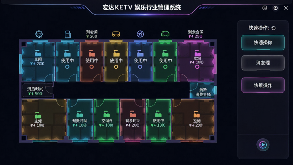���KTV������ҵ����ϵͳ����������棬����չʾKTV¥��ƽ�沼��ͼ��ÿ�������ò�ͬ��ɫ��ע���С�ʹ���С�ԤԼ��״̬������ͼ���Ϸ���ʾʣ��ʱ������ѽ��Ҳ��п��ٲ�����ť���������ִ���࣬��ɫ���������޺��Ч�����廭�ʣ��ɾ��޶���Ԫ��