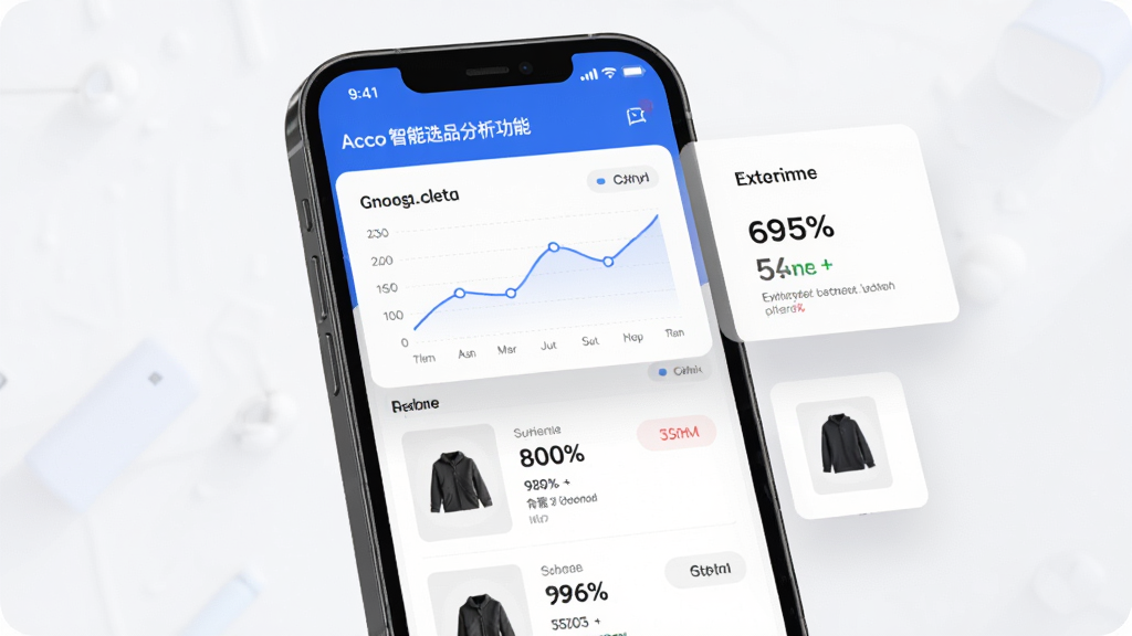 Accio智能选品分析功能界面,手机屏幕展示数据图表与商品列表,主体为手机与悬浮的数据卡片,布局上下结构,排版整齐,风格简约商务,细节包含折线图、百分比、商品缩略图,画质高清,干净,无多余元素
