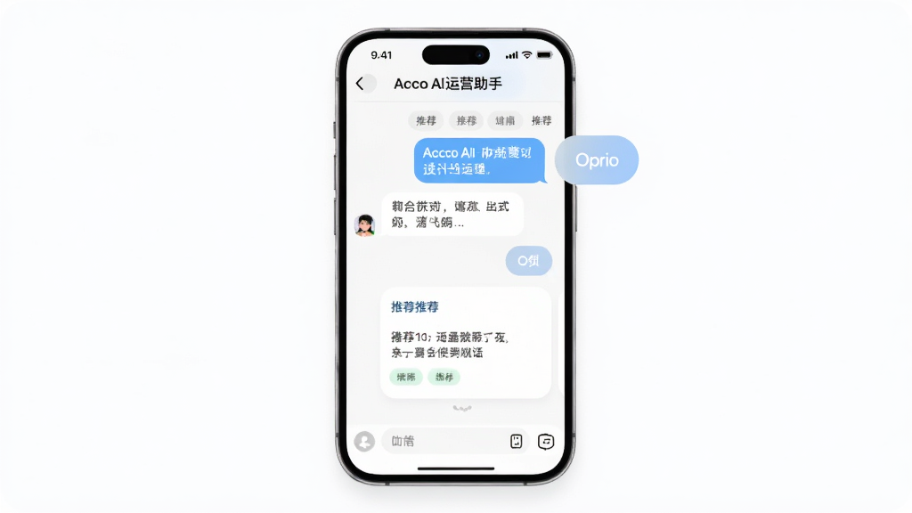 Accio AI运营助手对话界面,手机屏幕显示聊天窗口与建议卡片,主体为手机与对话气泡,布局居中,排版清晰,风格柔和圆角,细节包含文字气泡、复制按钮、推荐标签,画质高清,干净,无多余元素