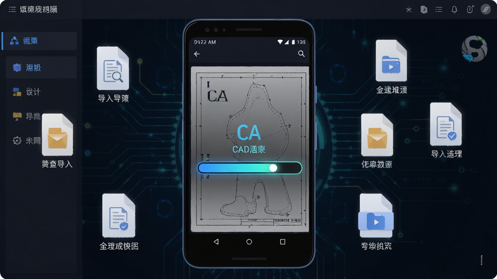 一部安卓手机正在打开一个大型CAD图纸文件,屏幕上进度条即将走完,图纸轮廓已经初步显现,背景是深色科技感界面,周围环绕着浮动的文件图标代表不同导入来源,主体为手机与图纸加载动画,布局居中,风格为扁平化科技风,细节包括进度条光效、文件图标清晰、界面文字为中文,画质高清,干净,无多余元素。