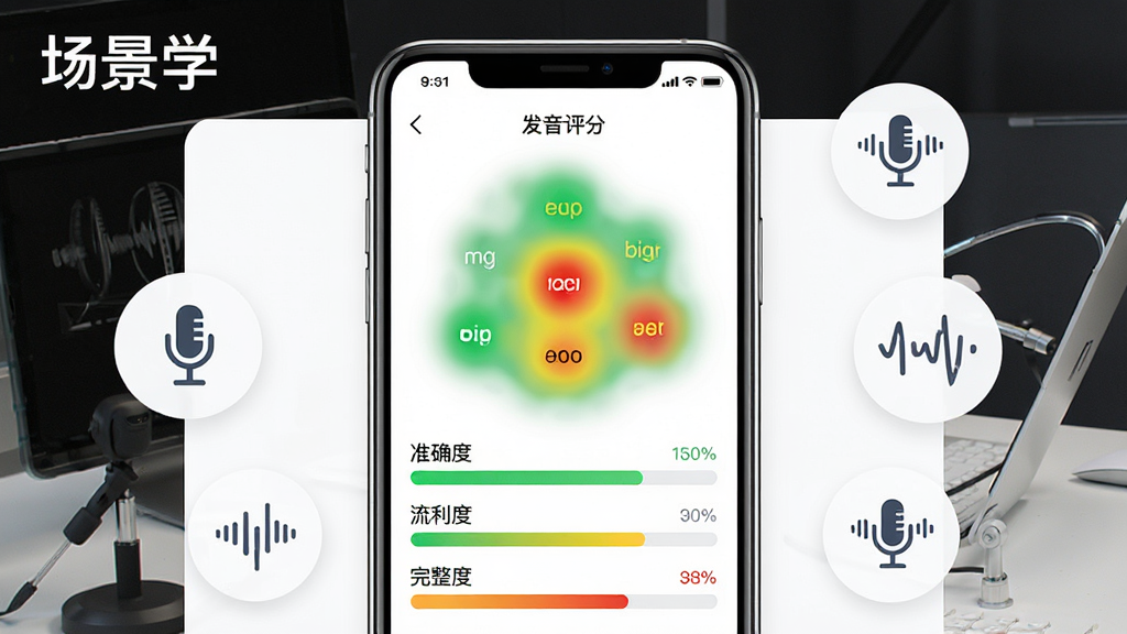 场景学APP智能语音评测界面,画面中心是手机屏幕显示发音评分页面,有绿色、黄色、红色标注的单词发音热力图,下方有准确度、流利度、完整度三个评分条,背景为白色简洁风格,周围点缀麦克风与声波图标,整体排版干净整齐,风格科技感与教育感结合,画质高清,图中文字为“场景学”。