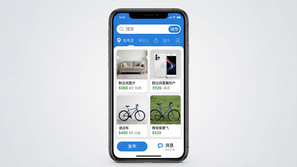 同城闲置转让平台应用主界面展示图,画面中央放置一部智能手机,手机屏幕上显示同城闲置转让平台APP的首页,首页顶部有搜索栏和城市定位标识,中间以卡片形式展示附近闲置物品,包括家具、手机、自行车等,底部有发布按钮和消息入口,整体布局简洁清晰,采用蓝白配色,风格清新现代,细节丰富,画质高清,干净无多余元素,背景为浅灰色渐变,突出手机屏幕内容