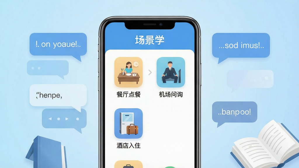 场景学手机应用界面展示,画面中央是一部智能手机,屏幕上显示着场景学APP的课程列表页面,包含餐厅点餐、机场问询、酒店入住等场景图标,背景为浅蓝色渐变,周围环绕着英语对话气泡和书本元素,整体风格清新简洁,排版居中对称,画质高清干净,无多余装饰,主体突出,适合软件下载站展示,图中文字为“场景学”。