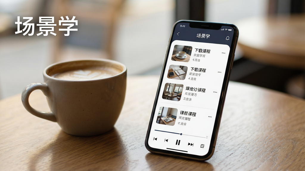 场景学APP离线课程下载与碎片化学习场景,画面展示一部手机放置在咖啡杯旁,屏幕显示已下载课程列表和播放进度,背景为咖啡馆桌面环境,光线柔和,风格生活化且安静,排版简洁,画质高清,无多余装饰,图中文字为“场景学”。