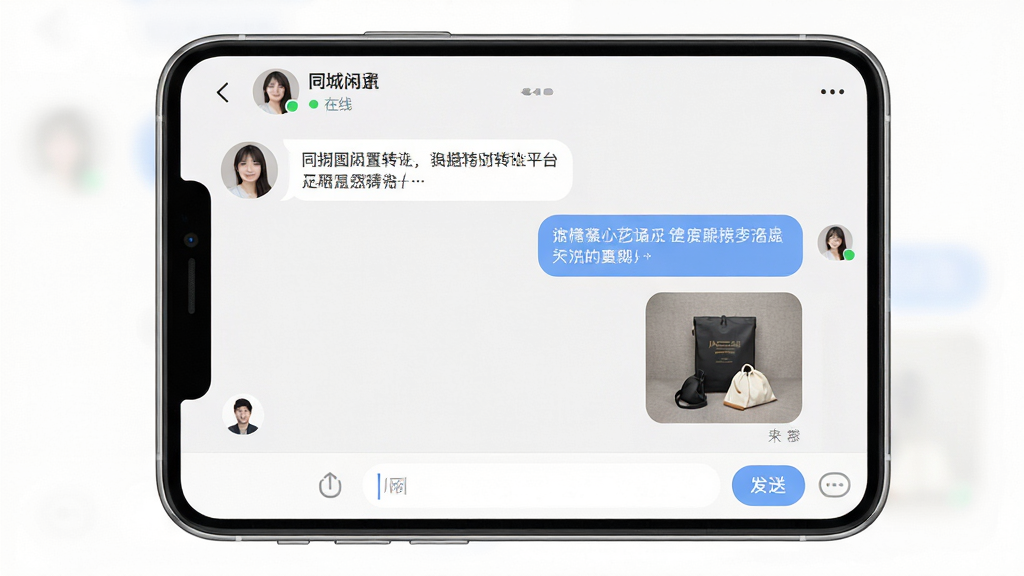 同城闲置转让平台聊天沟通界面展示图,画面展示手机聊天窗口,左侧为买家头像和消息气泡,右侧为卖家回复气泡,消息内容包括文字和商品图片,顶部显示对方昵称和在线状态,底部有输入框和发送按钮,整体界面干净清爽,配色柔和,布局合理,画质高清,无多余装饰元素