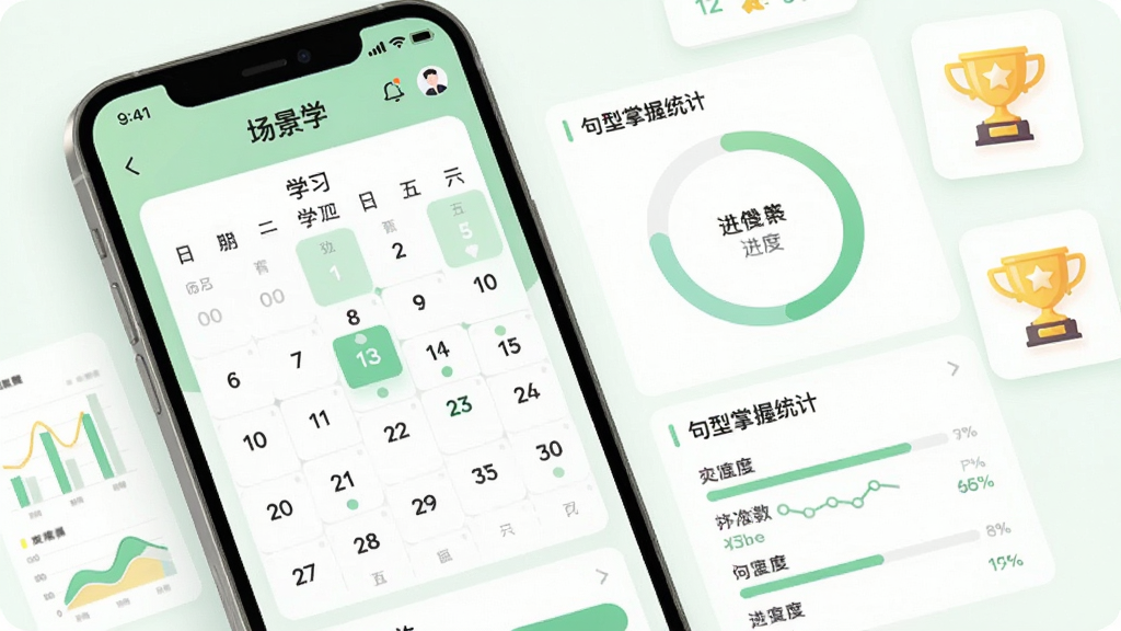 场景学APP个性化学习计划与进度追踪页面,手机屏幕显示着学习日历、进度环形图和句型掌握统计,界面为浅绿色与白色搭配,周围有数据图表和奖杯图标,布局规整,风格清新明快,画质高清,干净无杂乱元素,图中文字为“场景学”。